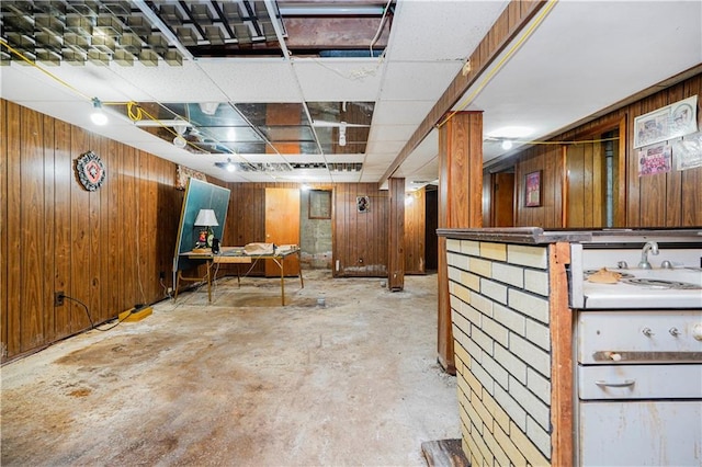 finished basement with wood walls