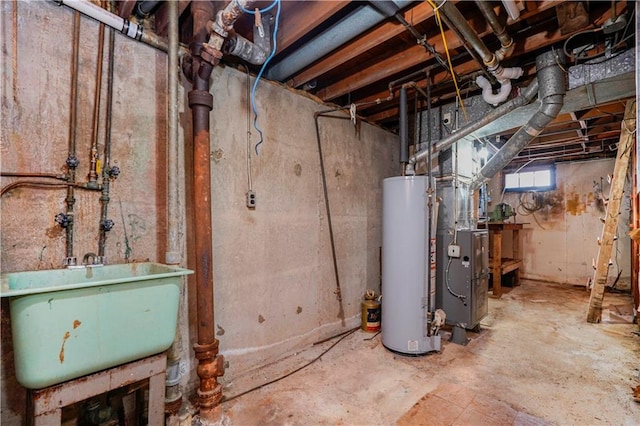 below grade area featuring gas water heater and a sink