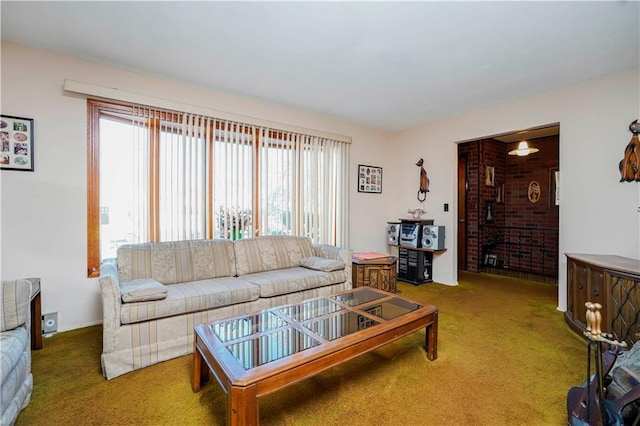 carpeted living room with a fireplace