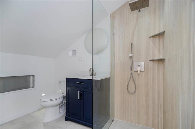 full bathroom featuring vanity, vaulted ceiling, toilet, and walk in shower