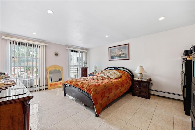 bedroom featuring light tile patterned floors, a baseboard heating unit, baseboard heating, and recessed lighting