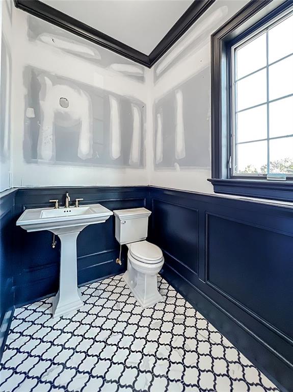 half bath with crown molding, a wainscoted wall, toilet, a decorative wall, and a sink