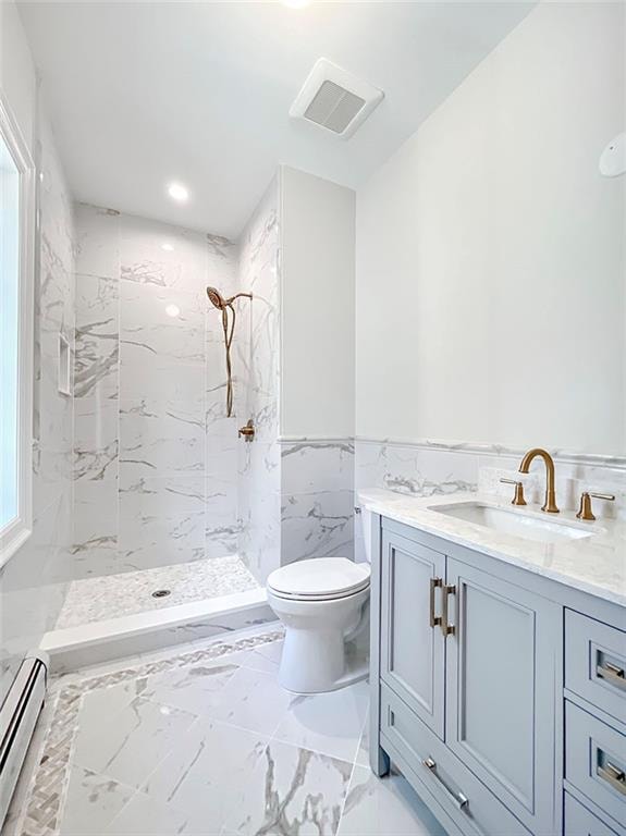 full bath featuring visible vents, a marble finish shower, a baseboard heating unit, toilet, and marble finish floor