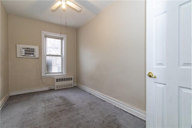 unfurnished room featuring an AC wall unit, baseboards, carpet floors, and ceiling fan