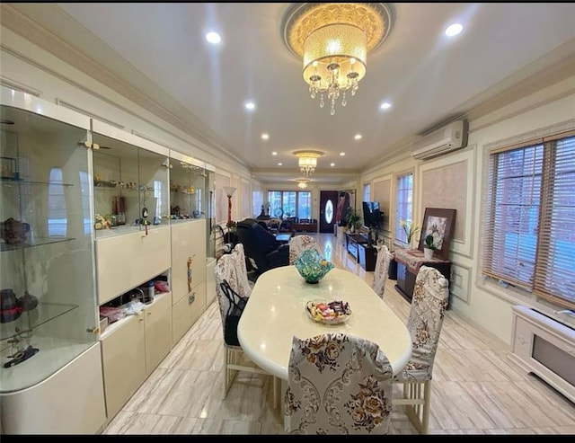 dining room featuring a chandelier, a wall unit AC, ornamental molding, recessed lighting, and marble finish floor