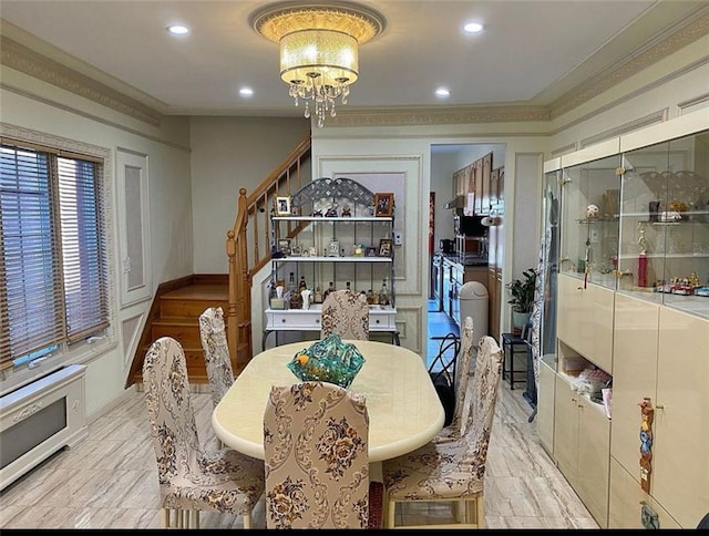 dining room with stairway, recessed lighting, crown molding, and an inviting chandelier