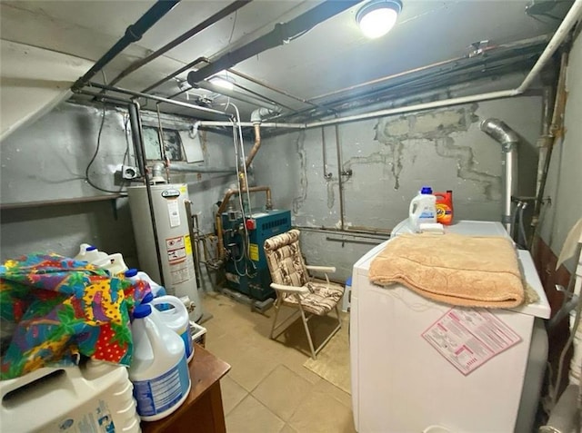 unfinished below grade area featuring water heater and a heating unit