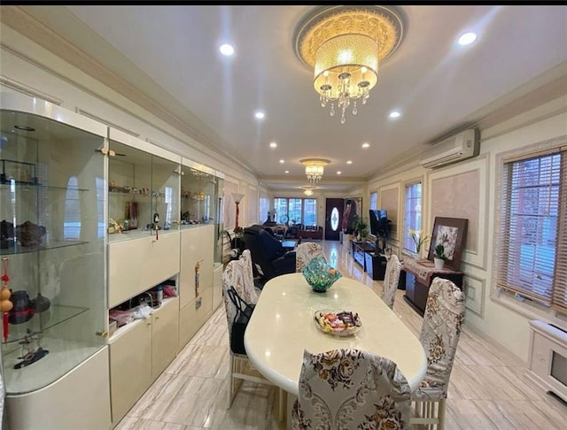 dining room featuring a notable chandelier, recessed lighting, a wall unit AC, and ornamental molding