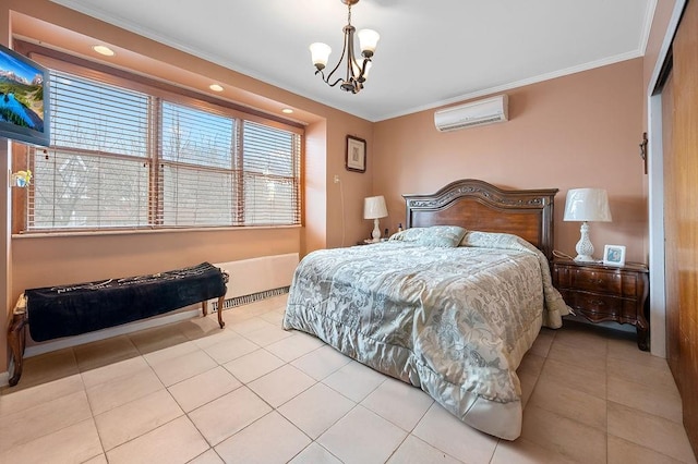 bedroom featuring a wall mounted air conditioner, an inviting chandelier, ornamental molding, and tile patterned flooring