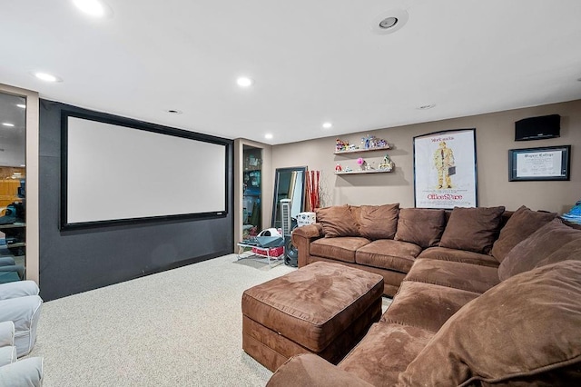 home theater featuring recessed lighting and carpet floors