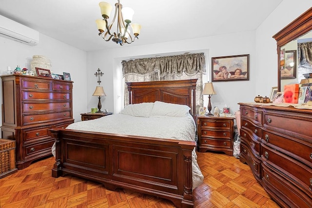 bedroom featuring an inviting chandelier and a wall mounted AC