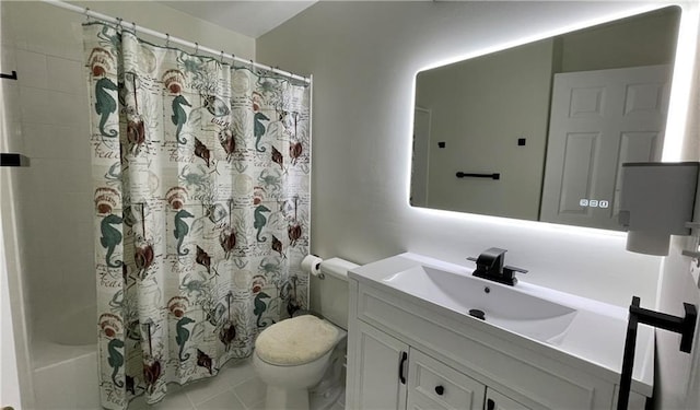 bathroom featuring tile patterned floors, shower / tub combo with curtain, toilet, and vanity