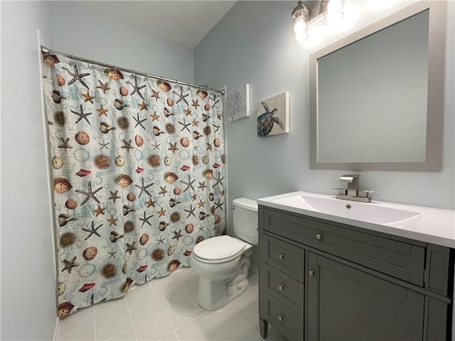 bathroom with vanity, a shower with shower curtain, toilet, and tile patterned flooring