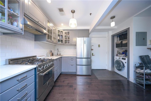 kitchen with visible vents, electric panel, a sink, appliances with stainless steel finishes, and washer / dryer