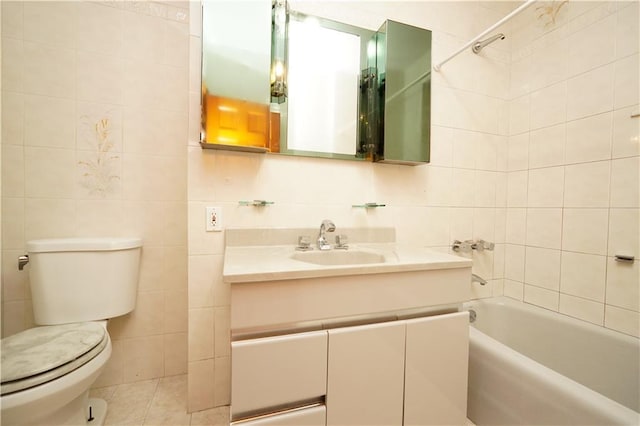 full bath with tile walls, toilet, and vanity