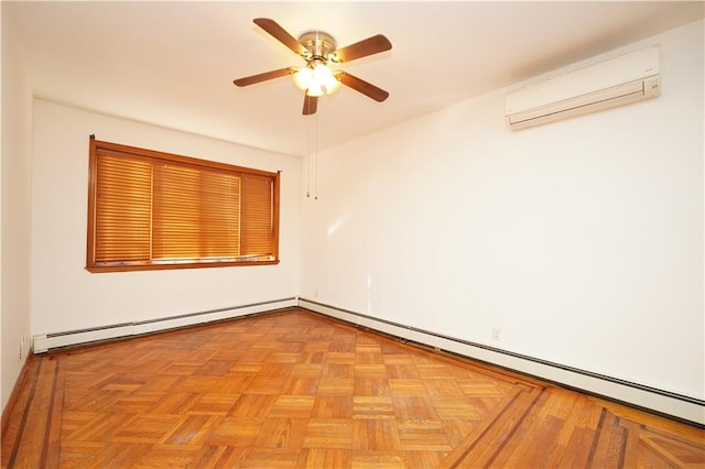 empty room featuring a wall unit AC, ceiling fan, and baseboard heating
