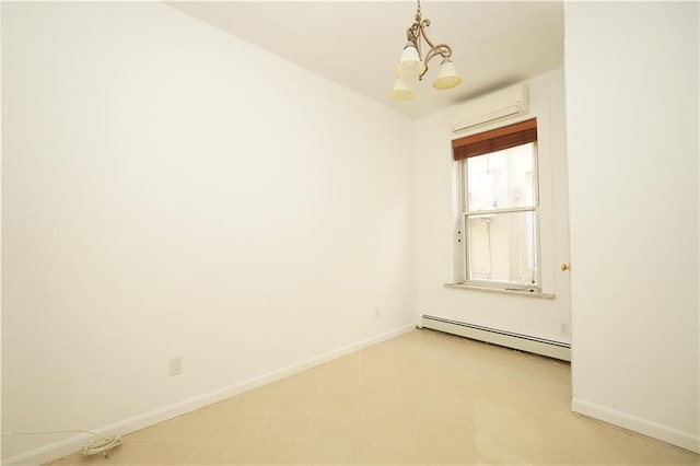 spare room featuring an AC wall unit, a baseboard heating unit, baseboards, and a chandelier