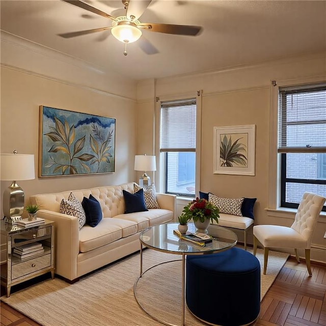 590 Parkside Ave Unit 2Be, Brooklyn, NY 11226 - living room with ceiling fan, parquet floors, and crown molding
