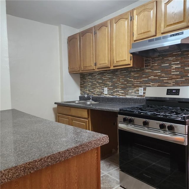590 Parkside Ave Unit 2Be, Brooklyn, NY 11226 - kitchen with stainless steel range with gas stovetop, under cabinet range hood, dark countertops, and backsplash