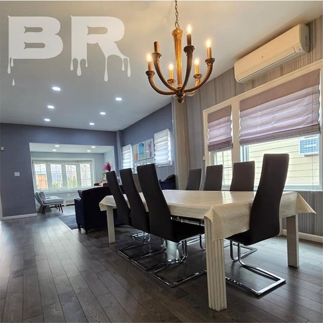 dining space featuring a wall unit AC, a chandelier, dark wood-style floors, recessed lighting, and baseboards