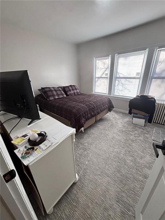 carpeted bedroom featuring baseboards and multiple windows