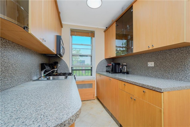 kitchen featuring tasteful backsplash, a sink, and light countertops
