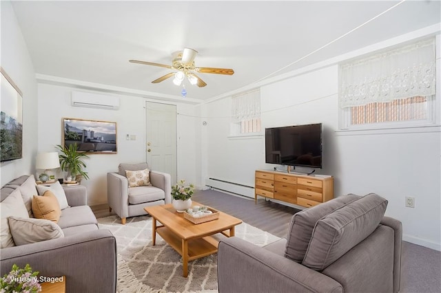 2121 Kimball St, Brooklyn, NY 11234 - living area with a baseboard radiator, a wall mounted AC, ceiling fan, and wood finished floors