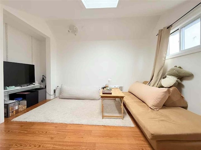 living area with wood finished floors and a skylight