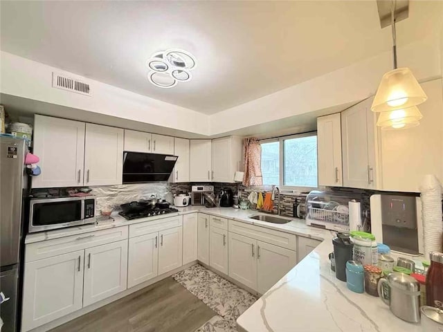 kitchen with appliances with stainless steel finishes, a sink, decorative backsplash, range hood, and visible vents
