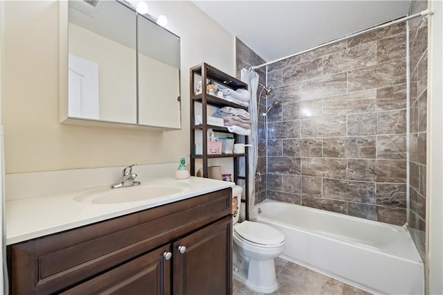 bathroom with toilet, tub / shower combination, and vanity
