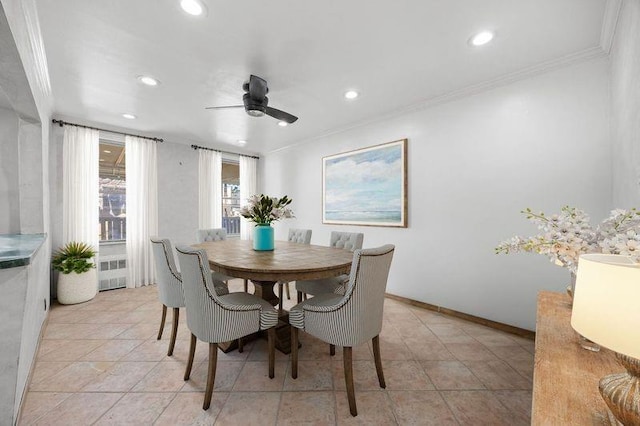 1572 E 34th St, Brooklyn, NY 11234 - dining room featuring a ceiling fan, recessed lighting, ornamental molding, light tile patterned floors, and radiator