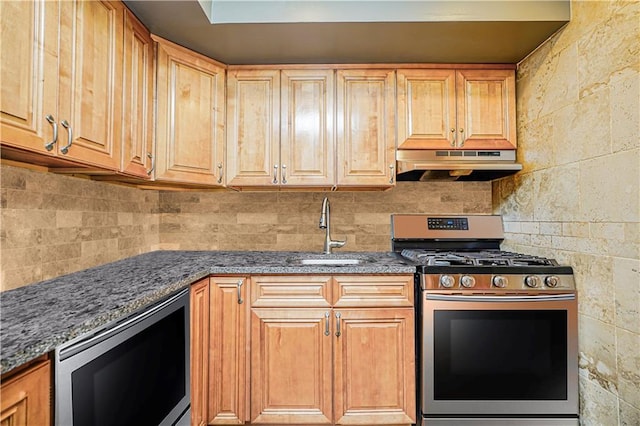 1310 84th St Unit 1A, Brooklyn, NY 11228 - kitchen with stainless steel appliances, under cabinet range hood, a sink, and dark stone countertops