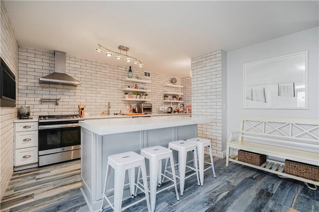 kitchen with gas range, wall chimney exhaust hood, a breakfast bar, wood finished floors, and a sink