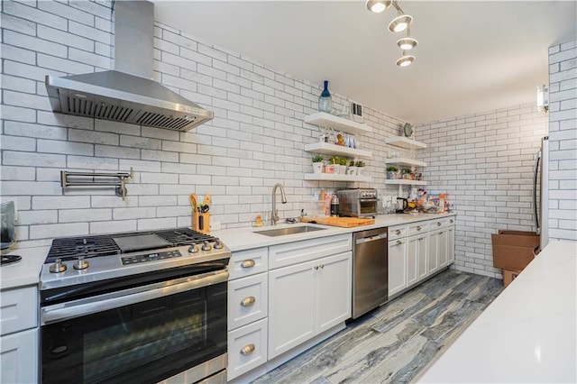 kitchen with stainless steel appliances, wall chimney range hood, a sink, wood finished floors, and light countertops