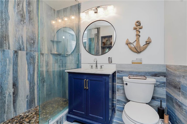 full bath with a walk in shower, toilet, and vanity