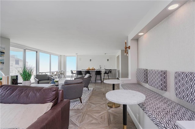 living area featuring baseboards