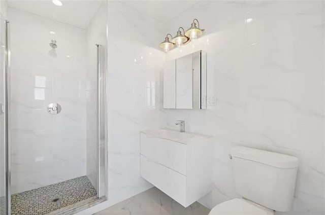 8794 17th Ave Unit 301, Brooklyn, NY 11214 - bathroom featuring vanity, marble finish floors, a stall shower, and tile walls