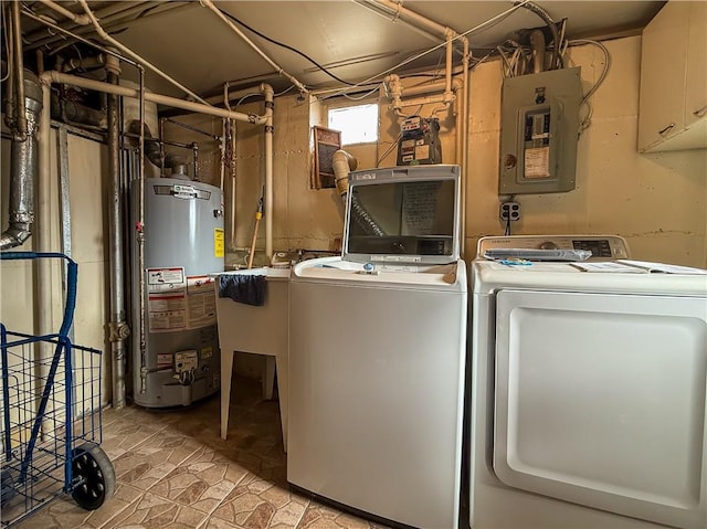 washroom with water heater, electric panel, washing machine and clothes dryer, and cabinet space