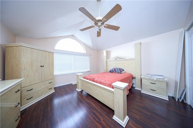 bedroom with ceiling fan, baseboards, wood finished floors, and lofted ceiling