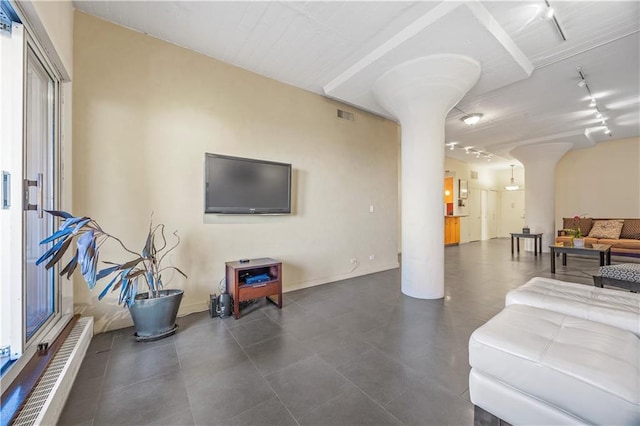 living room featuring visible vents, a baseboard radiator, and track lighting