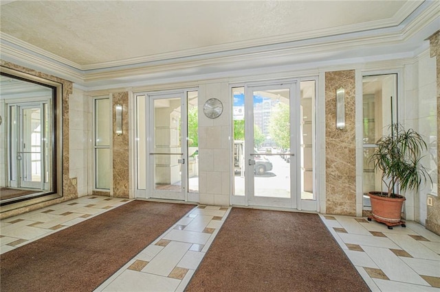 doorway with crown molding and carpet flooring