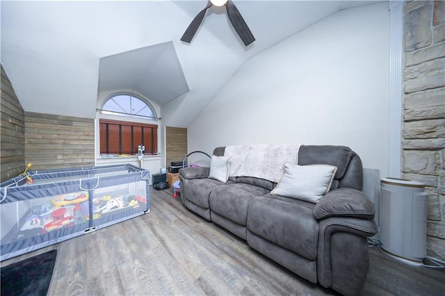 78 Darnell Ln, Staten Island, NY 10309 - living area featuring ceiling fan, vaulted ceiling, and wood finished floors