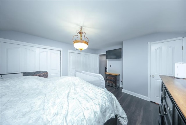78 Darnell Ln, Staten Island, NY 10309 - bedroom featuring baseboards, multiple closets, lofted ceiling, and dark wood-style floors