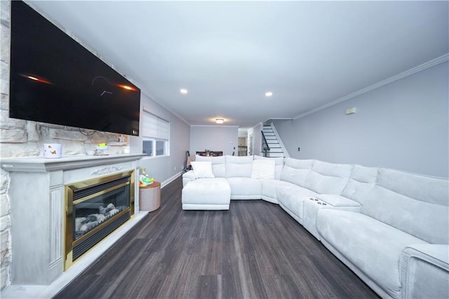 78 Darnell Ln, Staten Island, NY 10309 - living room with stairway, baseboards, dark wood-style floors, a glass covered fireplace, and ornamental molding