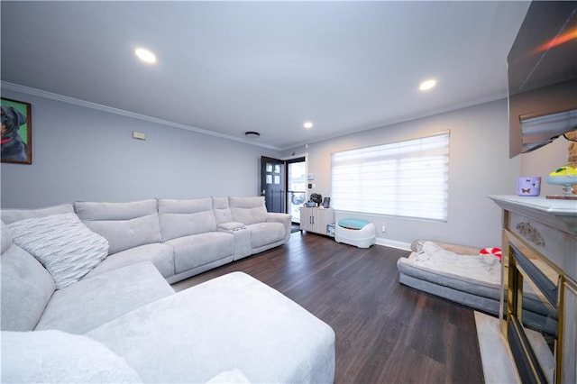 78 Darnell Ln, Staten Island, NY 10309 - living room featuring a glass covered fireplace, recessed lighting, baseboards, wood finished floors, and ornamental molding
