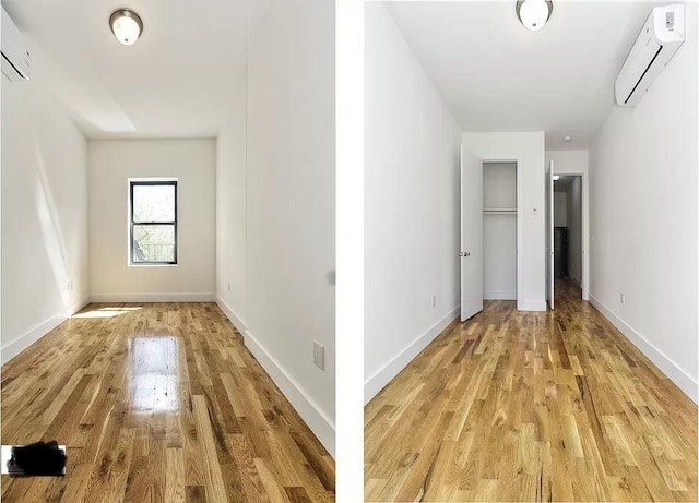 121 Lewis Ave, Brooklyn, NY 11221 - unfurnished bedroom featuring baseboards, a wall mounted air conditioner, and light wood-style floors