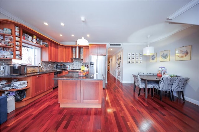2679 E 24th St Unit 1B, Brooklyn, NY 11235 - kitchen featuring open shelves, wall chimney exhaust hood, a sink, appliances with stainless steel finishes, and crown molding