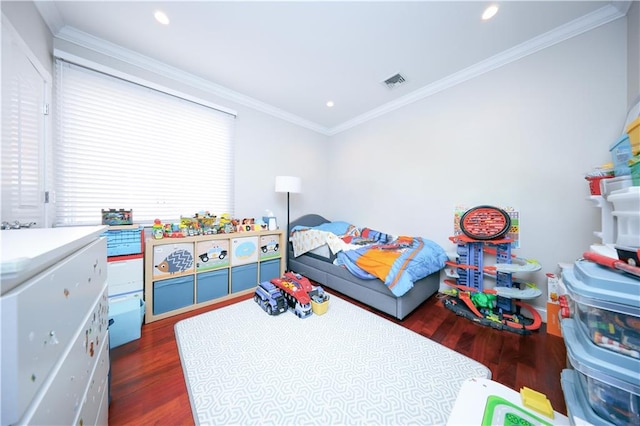 2679 E 24th St Unit 1B, Brooklyn, NY 11235 - bedroom with dark wood-style floors, ornamental molding, and recessed lighting
