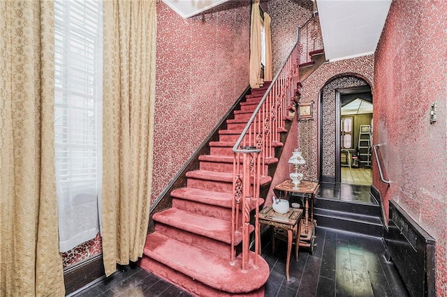 8044 Narrows Ave, Brooklyn, NY 11209 - stairs featuring wood-type flooring and wallpapered walls