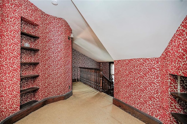 8044 Narrows Ave, Brooklyn, NY 11209 - staircase featuring wallpapered walls, carpet, and lofted ceiling